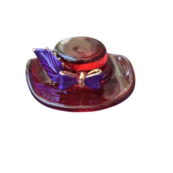 Vtg RED HAT SOCIETY 2” Blown Stained Glass Hat w/ Purple Leaf And Bow With Box - Picture 1 of 10